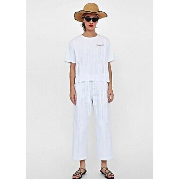Zara White Addicted to Create Fringe T-Shirt Small - Picture 2 of 8